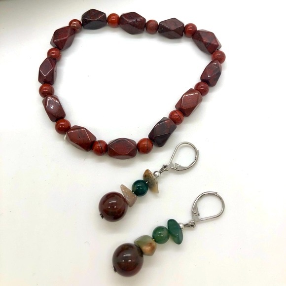 Vintage Tumbled Jasper Stone Bracelet & Earrings - Picture 13 of 13